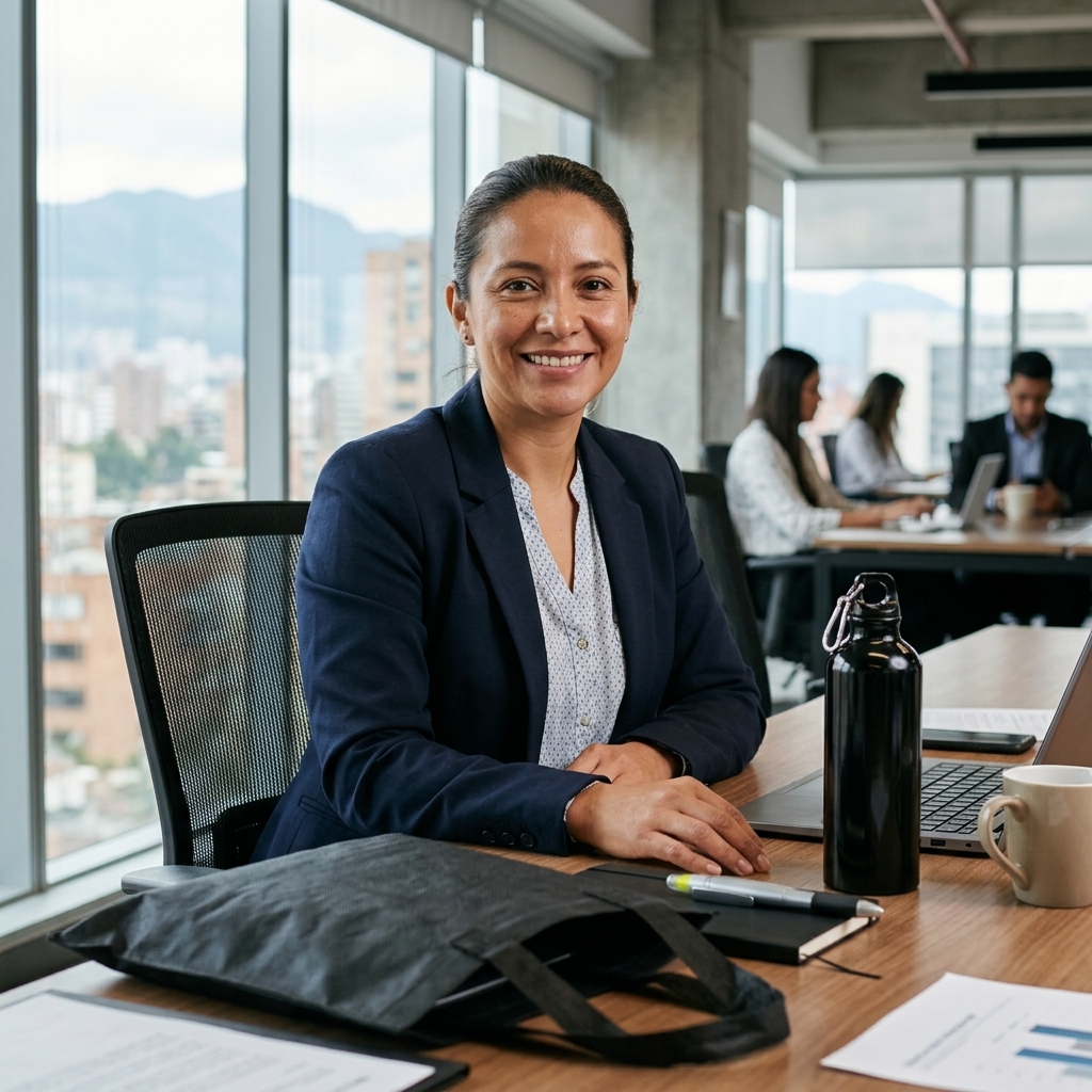 Mujeres en oficina colombiana con kit corporativo Markmelo personalizado